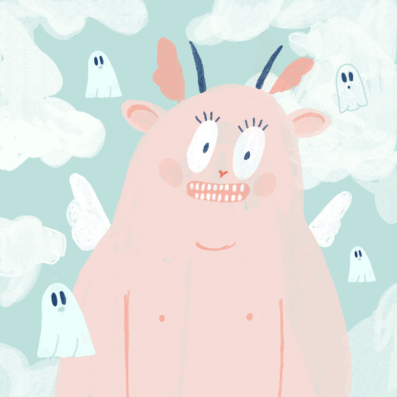 Friendly peachy cartoon monster with large eyes, tiny teeth, and blue horns amongst the clouds. He's blushing with a big smile showing all his teeth. Surrounded by little 4 white flowy ghosts and fluffy clouds. 